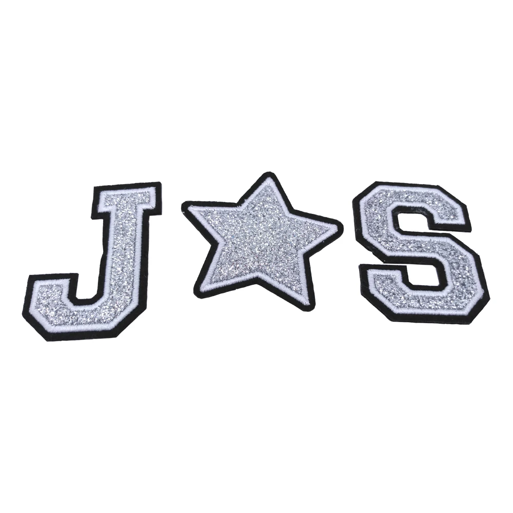 New arrival iron on letter patches custom color stick on sequin woven glitter embroidery patches