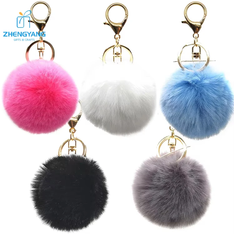 ZHENGYANG Craft Wholesale Furry Puff Ball Faux Rabbit Pink Fur Ball Plush Keychain For Women And Girls
