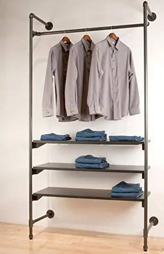 Industrial Pipe Clothing Rack Wood Garment Rack Pipeline Vintage Rolling Rack On Wall