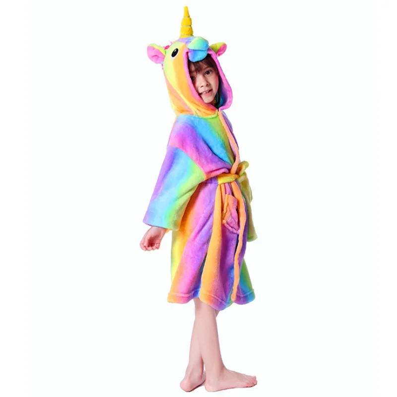 
Hooded Plush Robe Animal Fleece Kids Rainbow Unicorn Sleepwear Bathrobe Pajamas 