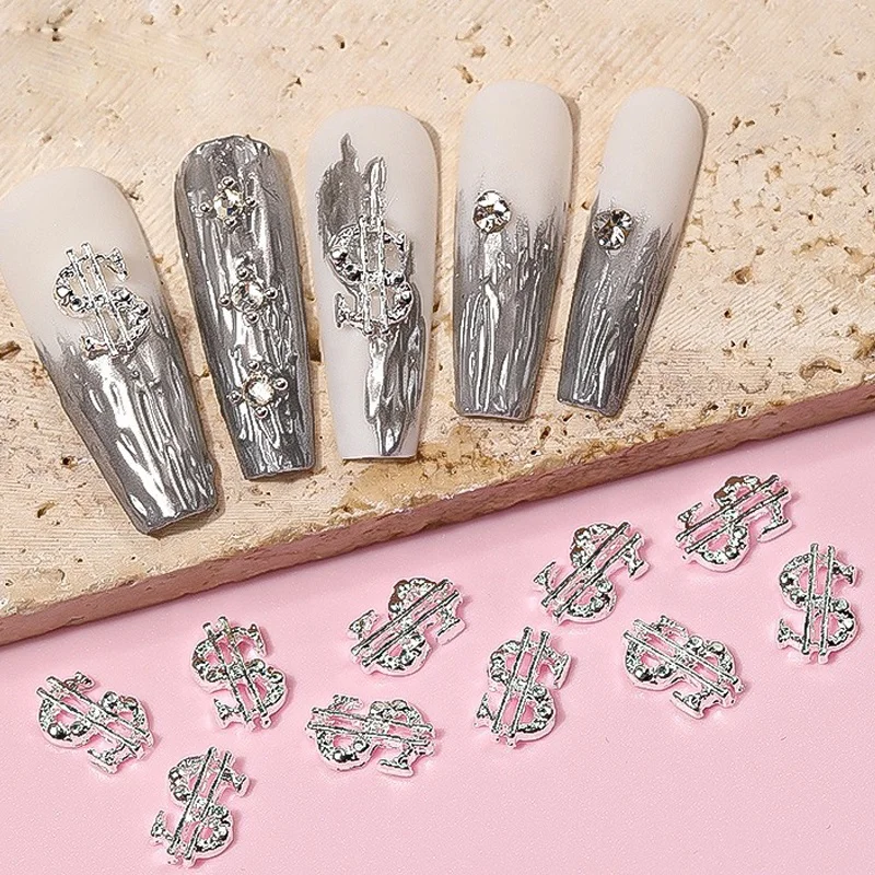 3D 10pcs US Dollar Sign Nail Charms Silver Gold Coin Symbol Nail Figures Decoration Rhinestones Metal Money Nail Charm