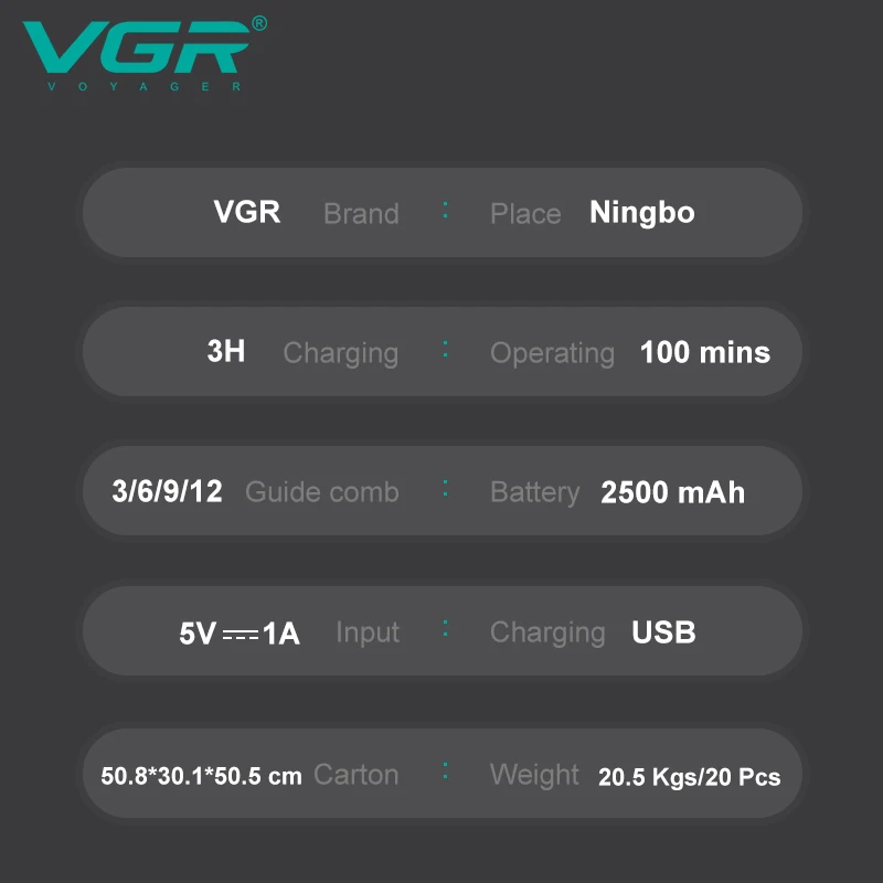Беспроводная перезаряжаемая Мужская электрическая машинка для стрижки волос VGR V-653 9000 об/мин