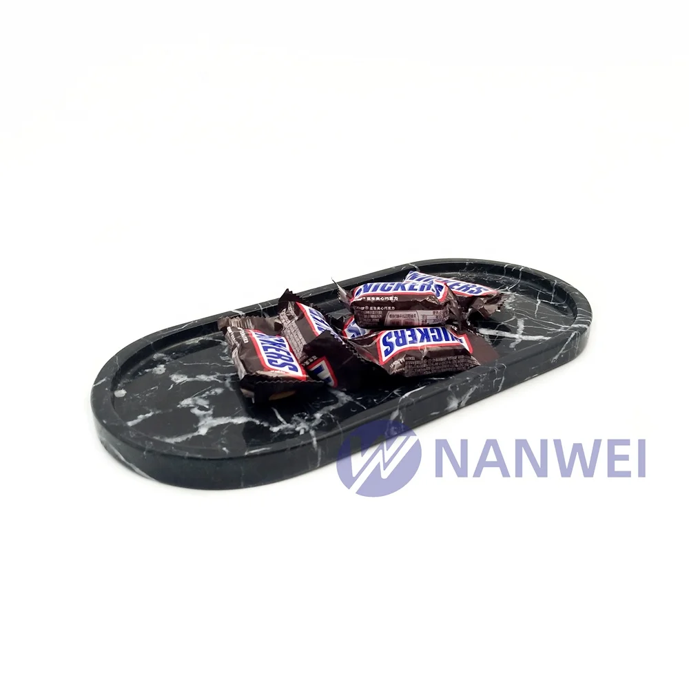 Nanwei Stone Custom Oval Black Marquina Marble Cafeteria Serving Tray