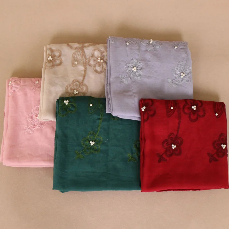 Nation Style High Quality Women Lace Bead Islam Muslim Scarf Cotton Hijab Embroidery Pearl Scarf