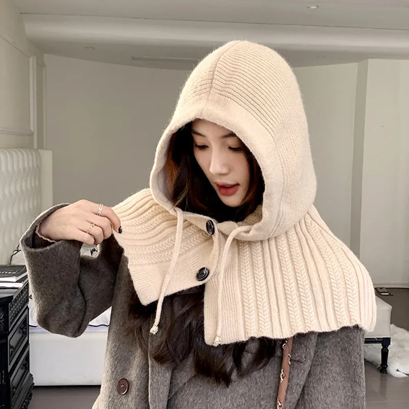 New Winter Windproof Hooded Scarf Hat Balaclava Beanie Neck Protect Cap Solid Plain Crochet Shawl Pullover Knitted Hat for Women