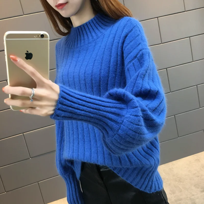 Promotion Fashionable women mock collar lantern sleeve free size cable knit women sweater