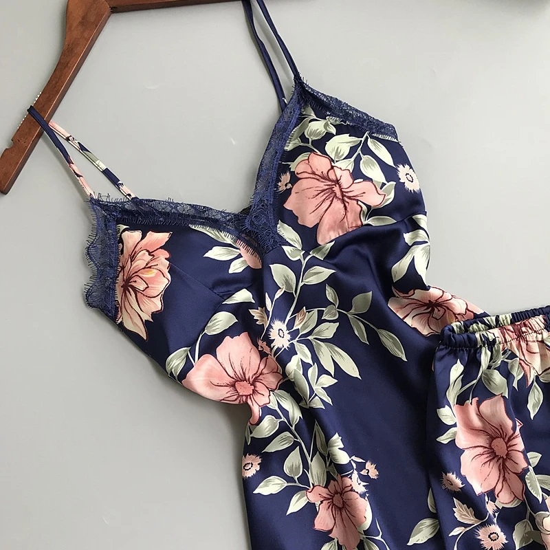 Sling Print Stain Ice Silk Sexy Clothing Nachthemd Women Pajamas 2 Piece Set Nightshirt