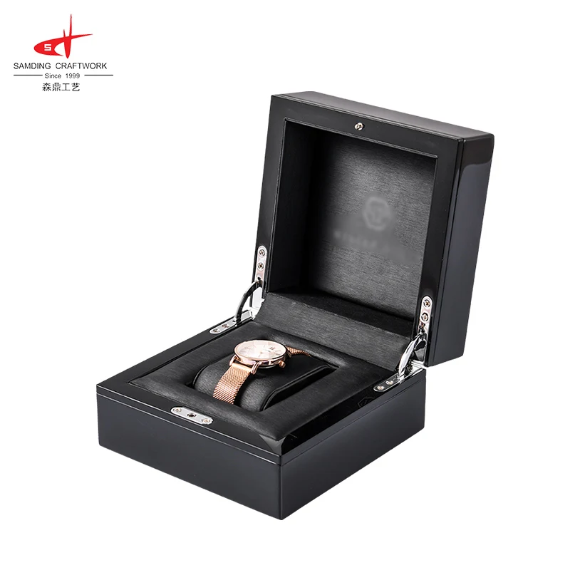 SAMDING custom high glossy lacquer black luxury wooden travel pocket watch box
