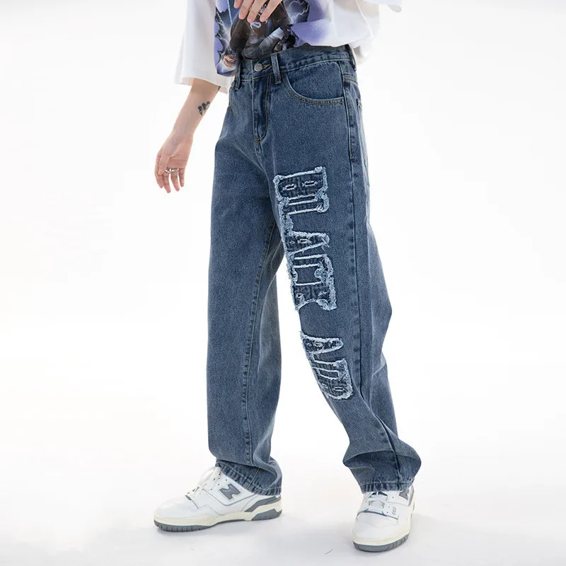 2021 Street style Tassel blue stacked jeans men manufacturers stacked jeans loose mens jeans 2021