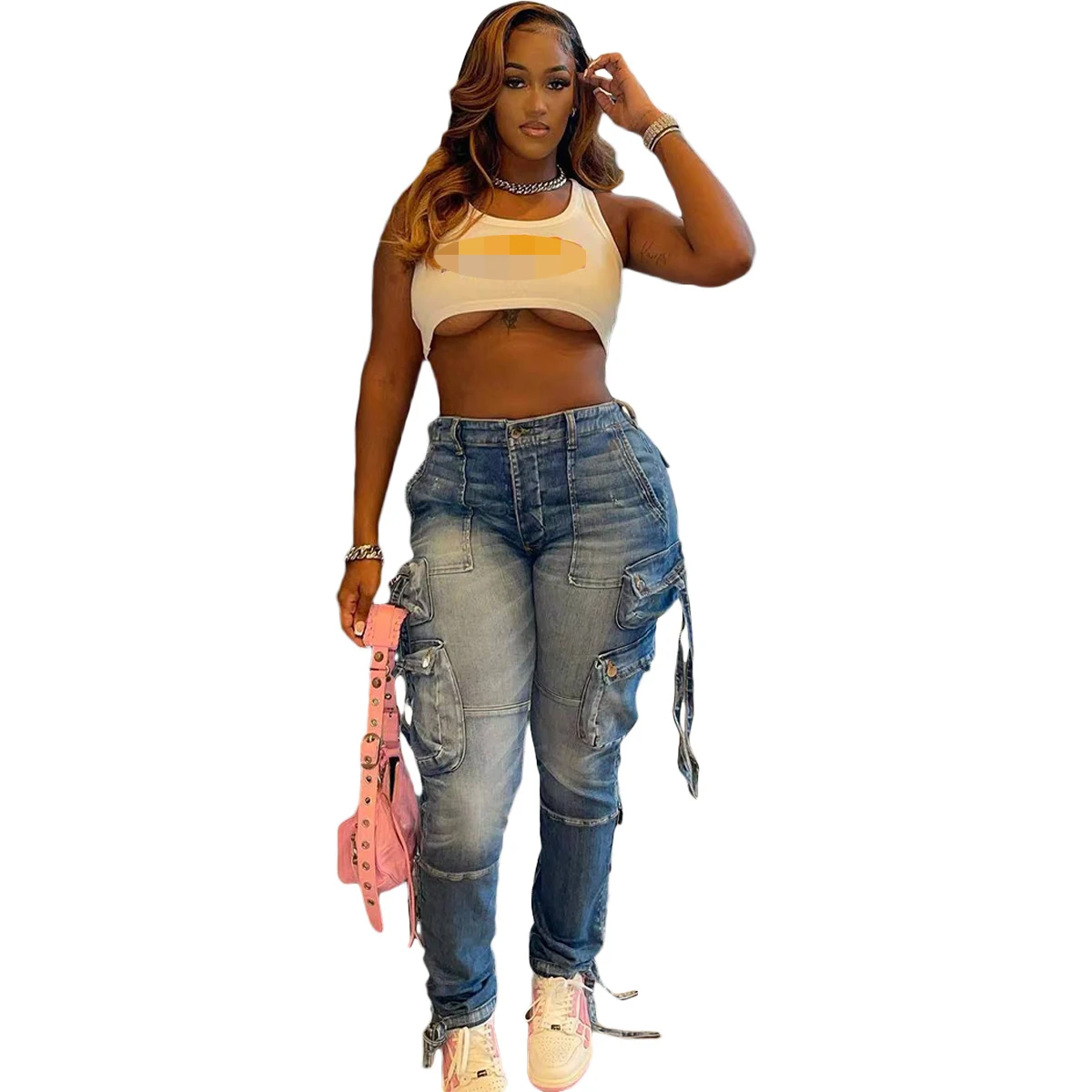 L059 Retro Low-Rise Zipper Cargo Stretch Jeans Washed Distressed Casual Style Denim Cotton Polyester Skinny Fit Colored Waist