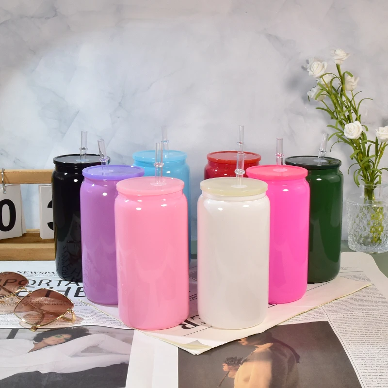 Wholesale 16oz sublimation colored glass can with colored plastic lids and plastic straw for UV DTF wraps