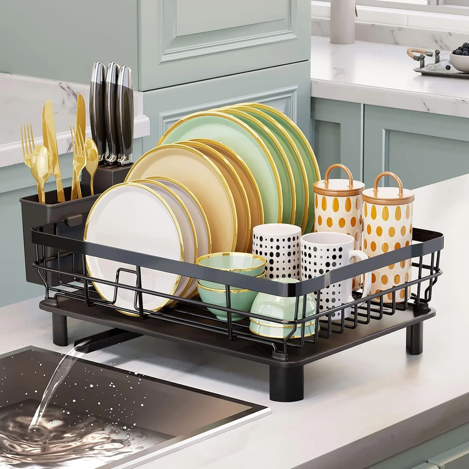 Iron cutlery drying rack with drain board Dish drain for kitchen countertop sink with cutlery rack and knife sink dish racks