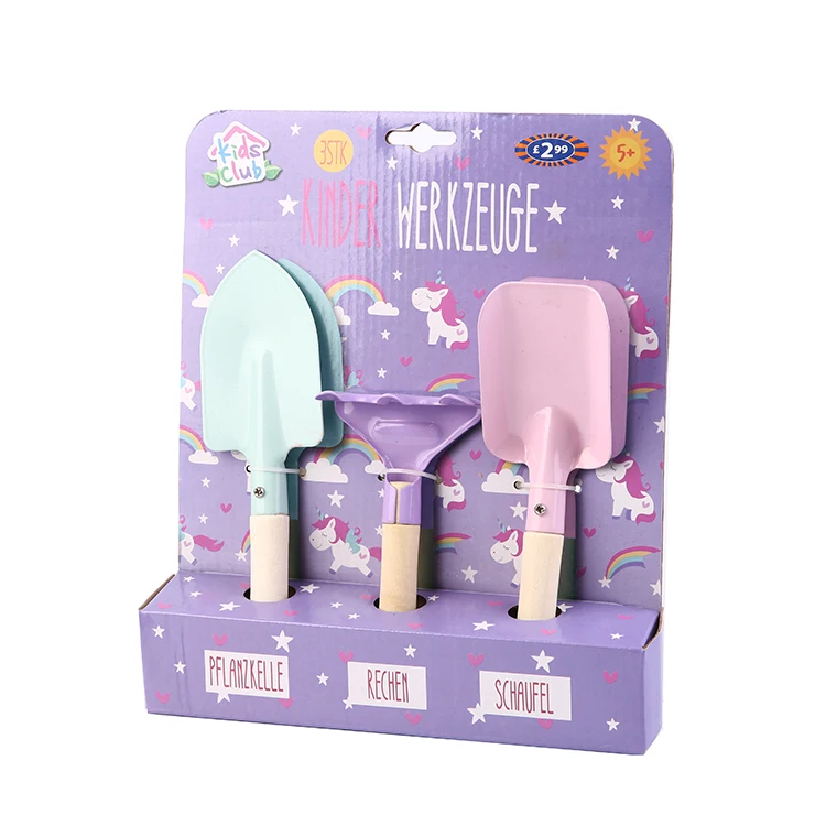 Professional garden wooden kids tool set toys 3pcs metal spade rake fork shovel tools