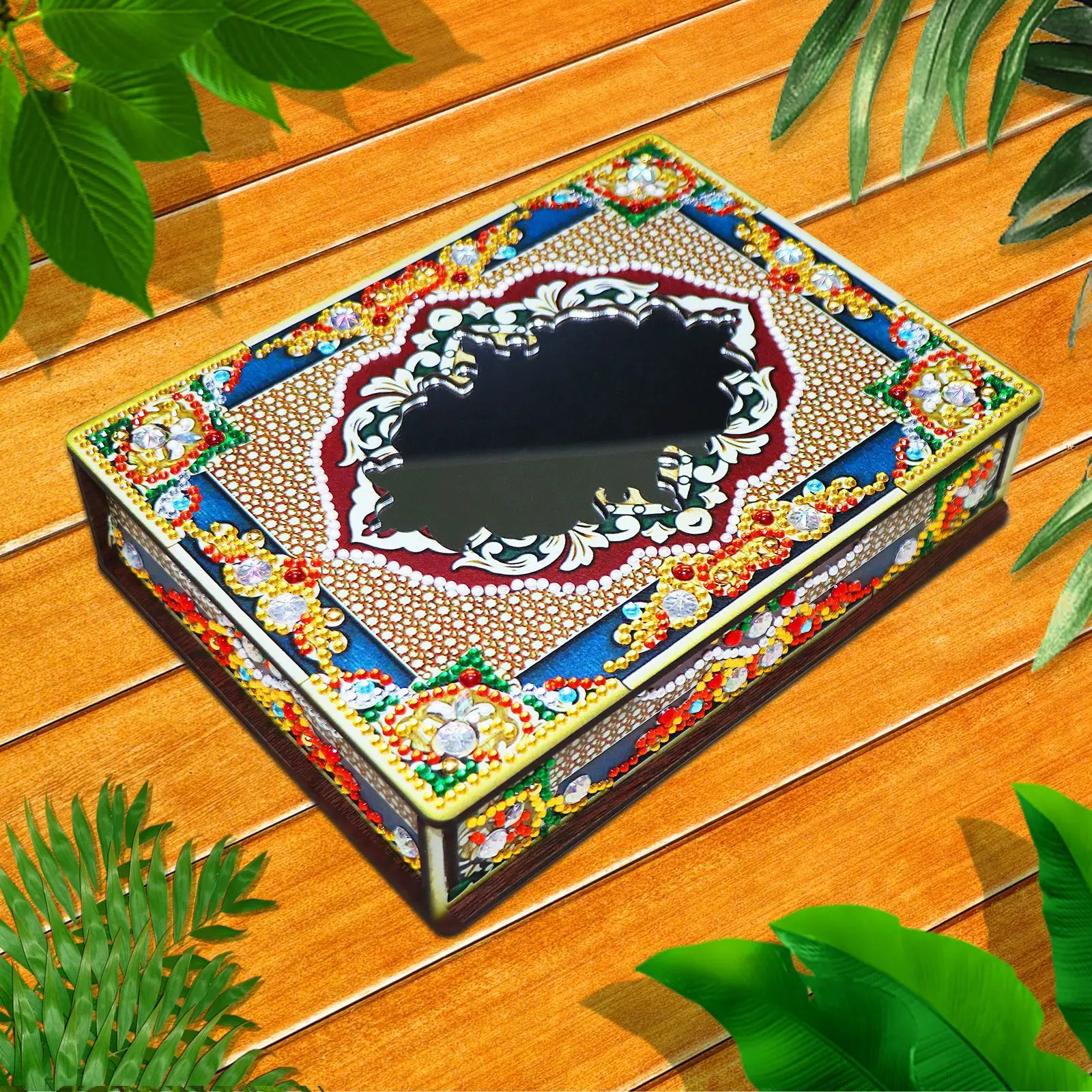 Mandala jewelry organizer wooden box with mirror diy storage case drilled with diamond