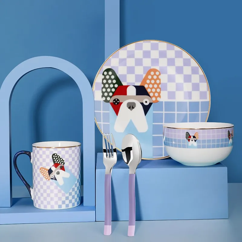 Porcelain Dinner Set Blue Dog Cute Cartoon 8 Inch Noodle Bowls Dinner Set Tableware Ceramic Soup Bowl