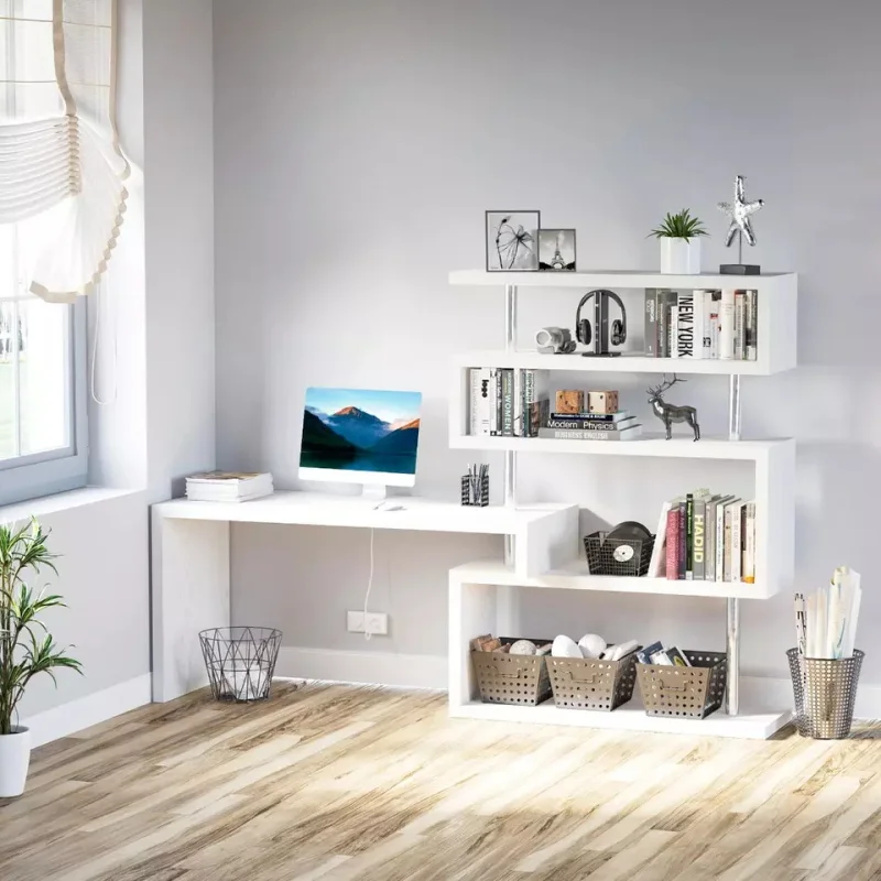 Modern Office Furniture 5 Tier L-Shaped 360 Degree Rotating Versatile Computer Desk With MDF Shelves And Steel Frame - White