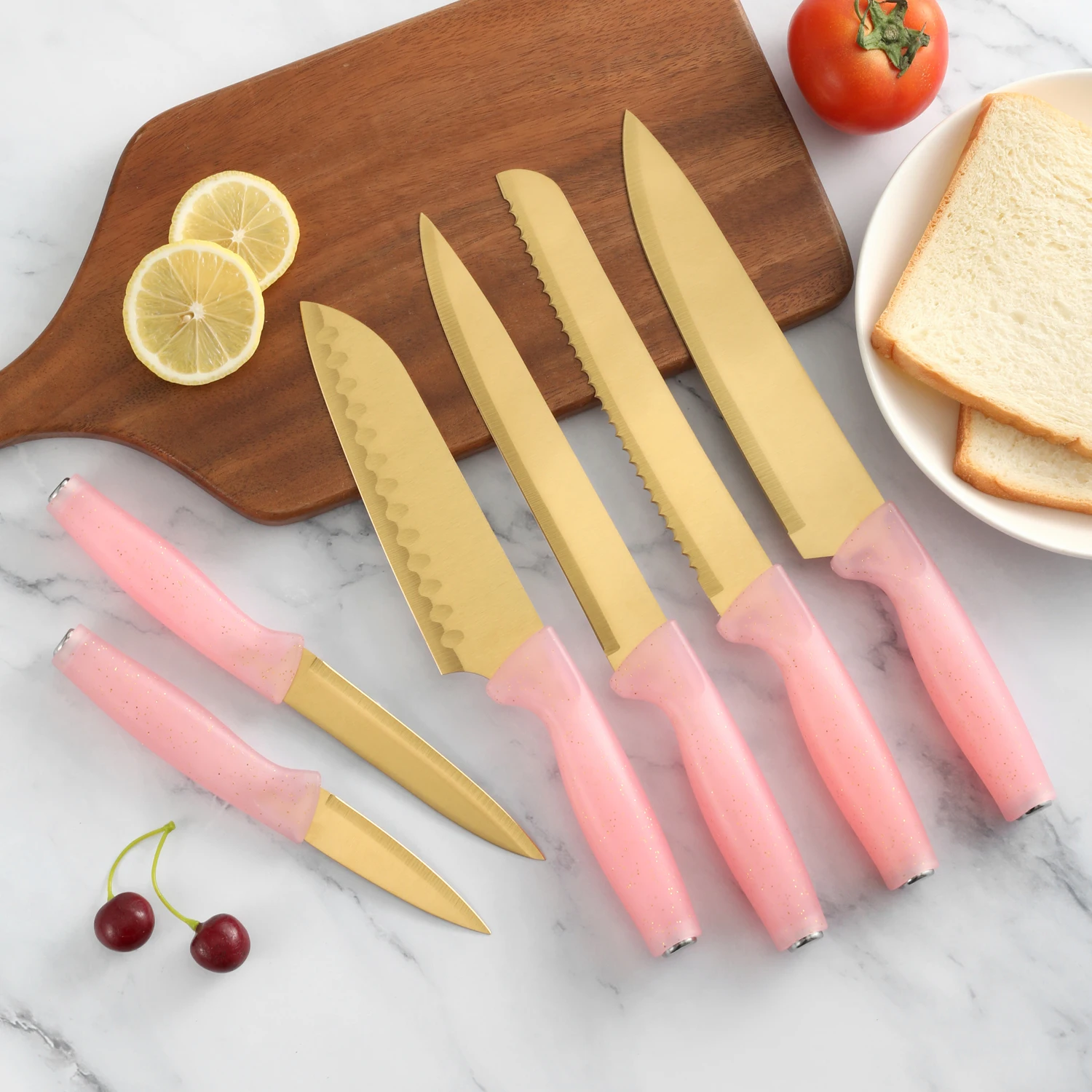 Top Selling Safety Food Grade Stainless Steel Golden Home Cooking Kitchen Knife With Pink Handle