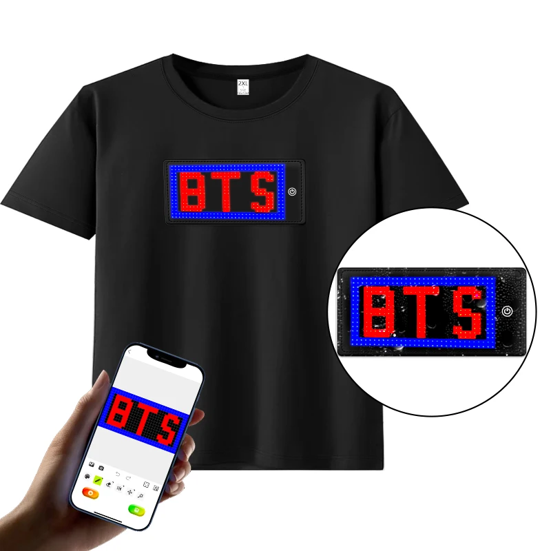 APP Programmable Light Up T-Shirt Black LED Flashing text gif DIY clothes Festival Short Sleeve LED T Shirt