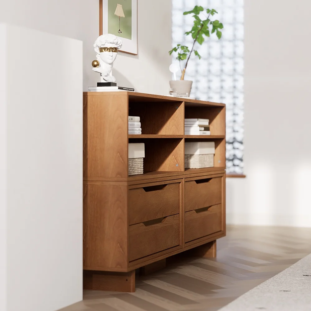 Only B2B Boori Wooden Open Book Shelf Storage Cabinet With 4 Drawers