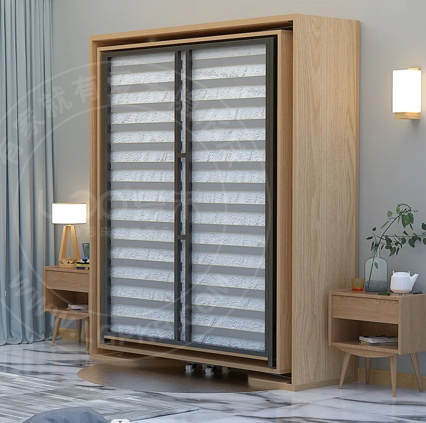 Hidden wall bed Folding rotating bed Bookshelf Murphy bed with wardrobe with bookshelf multifunctional rotatable