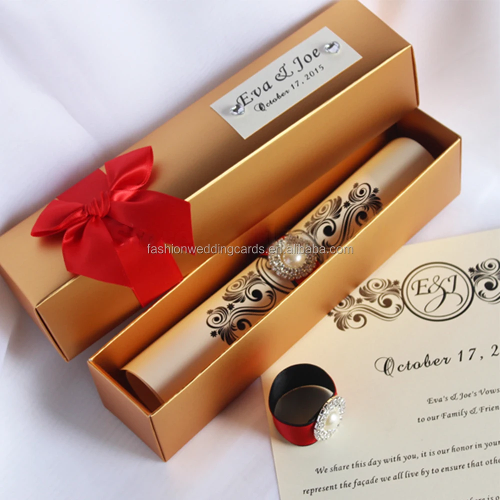 Elegant Artificial Wedding Scroll Invitation Card With Box And Buckle