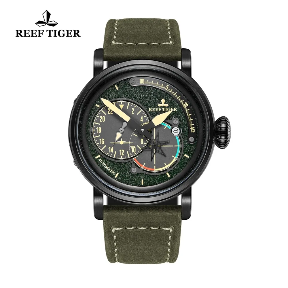 
Reef Tiger Steel Military Watches for Men Genuine Leather Strap Automatic Pilot Watch with Date RGA3019 