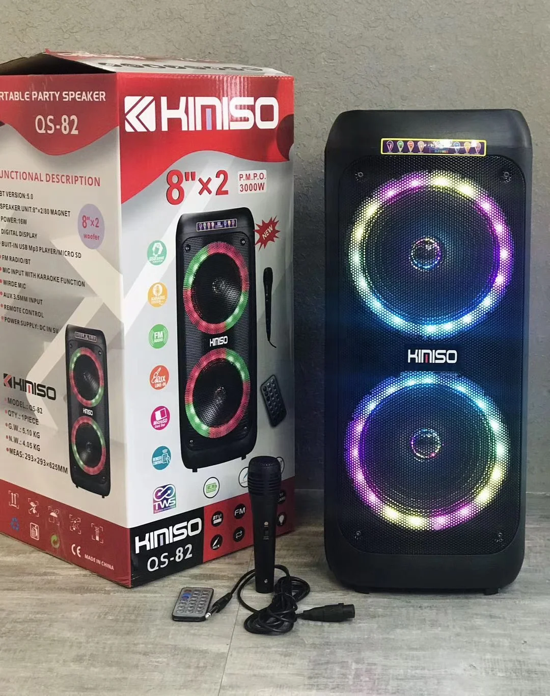 QS-82 8 дюймов * 2 глубокие басы на открытом воздухе портативная беспроводная акустическая система с проводной микрофон и пульт дистанционного управления