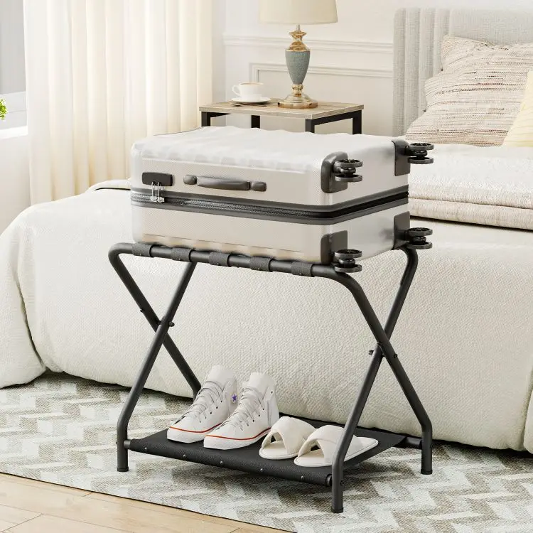 Wholesale Folding Luggage Rack Suitcase Stand with Fabric Storage Shelf Double Tiers Metal Luggage Holder  for Guest Room