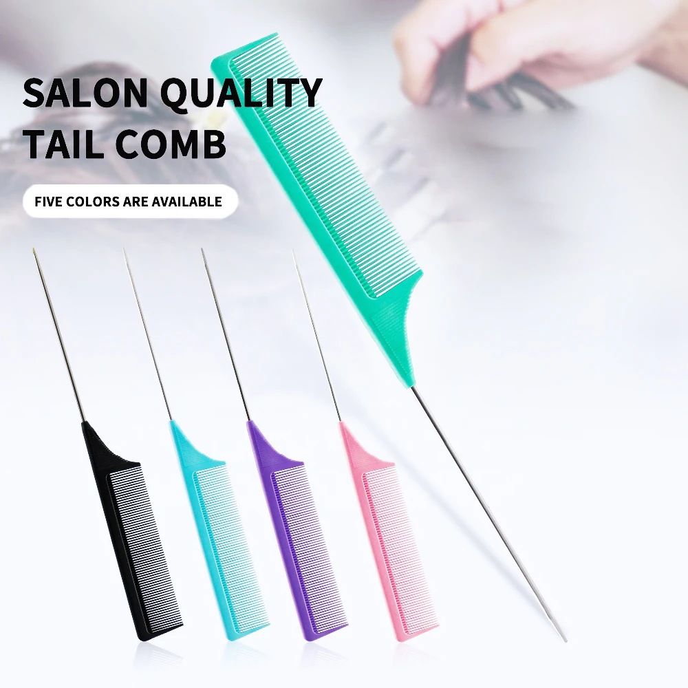 5 Colors Rat Tail Comb Steel Pin Rat Tail Carbon Fiber Heat Resistant Teasing Combs