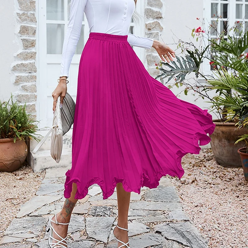 2023 Modest Spring Solid Bright Color Sexy pink High Waist Chiffon Elegant Long Pleated Skirts for Women