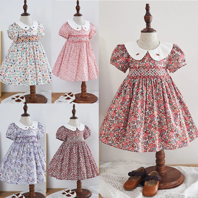 factory  Wholesale summer RTS handmade embroidered floral smocking dress girl birthday party dress princess dress for summer