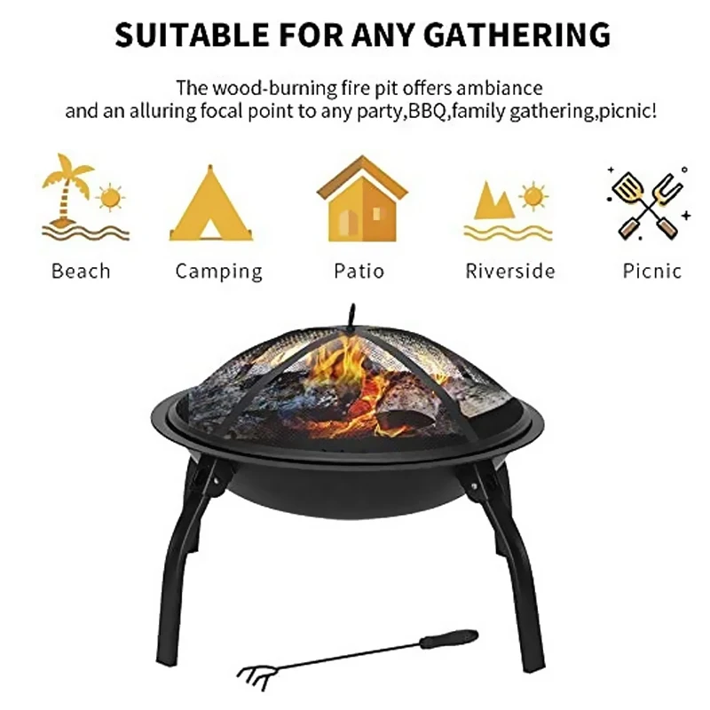Customized OEM/ODM 48cm wood burning firepit with BBQ grill outdoor fireplace steel fire pit bowl round wood-burning pit