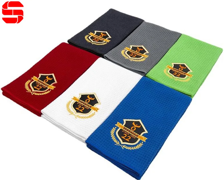 Custom Embroidery Logo Microfiber Waffle Printed Golf Ball Cleaning Towel Magnet Golf Towel with Grommet and Clip Hook