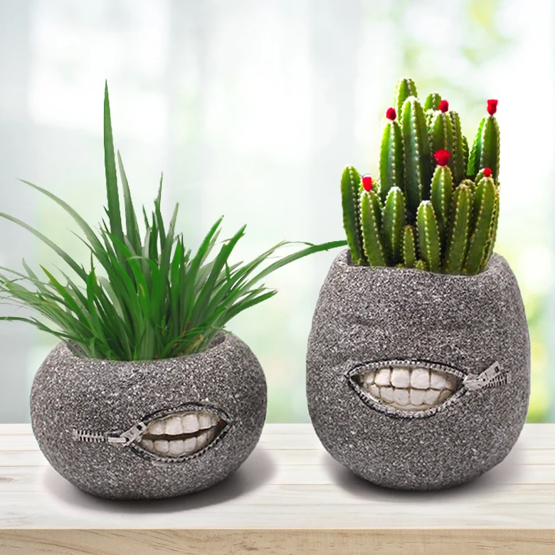 New Arrival zipper Mouth Modern Style Teeth stone line flower pot Succulent Cactus resin flower planter pot