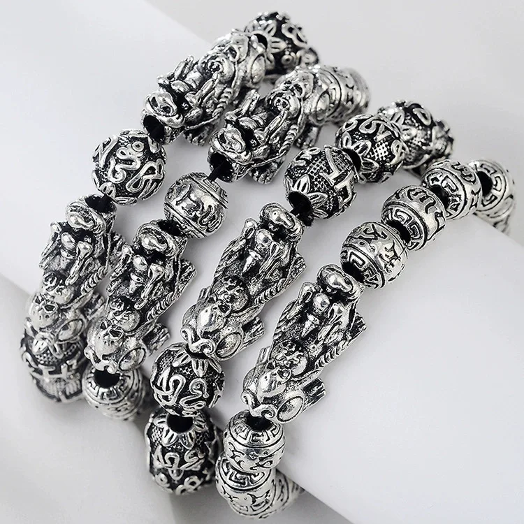 Vintage Silver Plated Attract Wealth Pixiu Buddhist Beads Bracelet