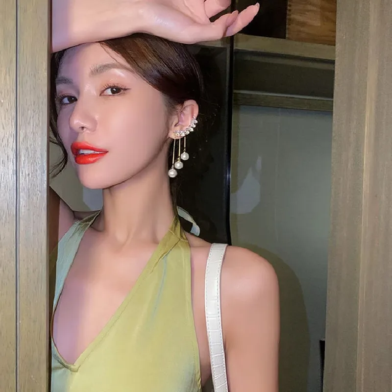 925 Silver Needle Personality Fashion Crystal Pearl Earrings For Women Temperament Tassel Pearl Cuff Earring Jewelry