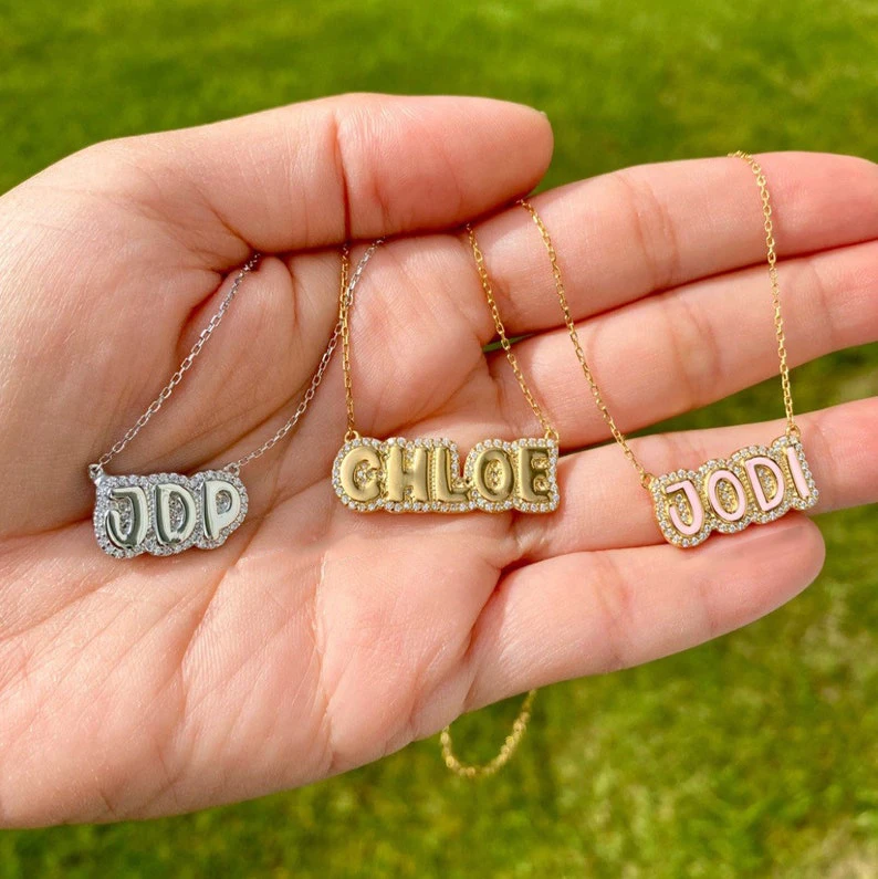 Stainless Steel Bubble 14K gold plated CZ Diamond Enamel Name Plate Necklace Jewelry Personalized Custom Name Necklace Jewelry