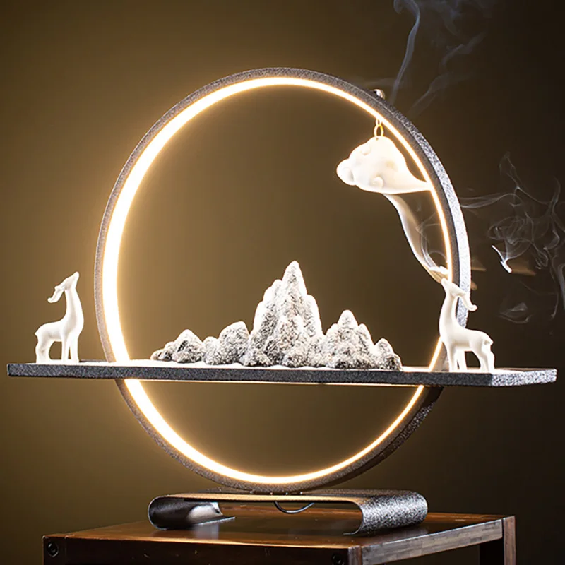 zen style home office decor accessories waterfall censer creative ceramic backflow incense burner with light ring