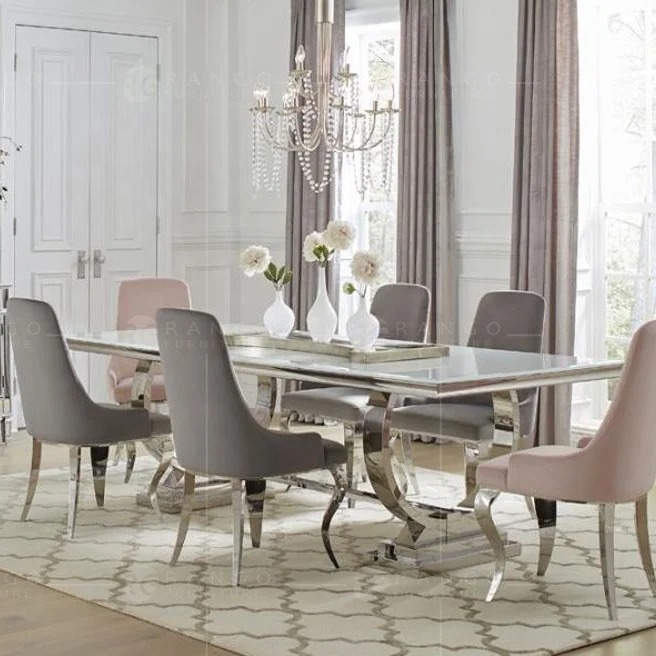 Glass top dining table and 6 pink velvet dining chairs dining room furniture  with low  price