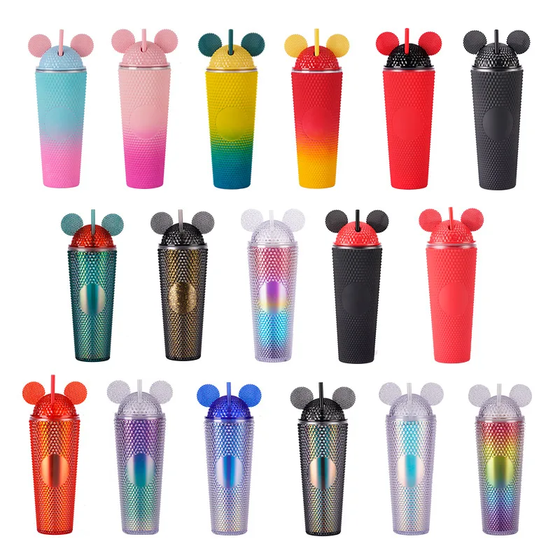 New Style Custom 24oz Double Wall Acrylic Diamond Twinkles Studded Mickey Plastic Cups with Dome Lid And Straw For Gift