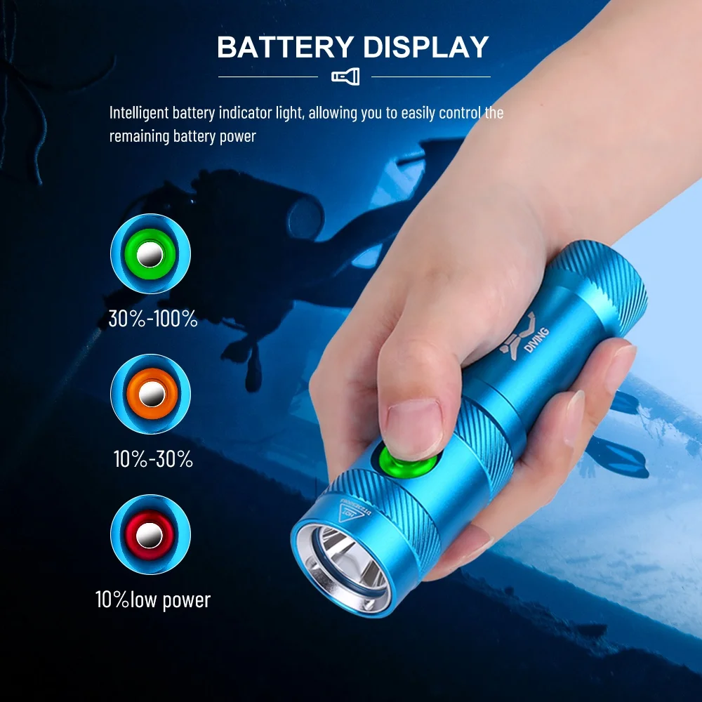 Scuba Diving Backup Flashlight Underwater Waterproof Dive Torch Light 18650 Rechargeable IPX8 Diving Lamp