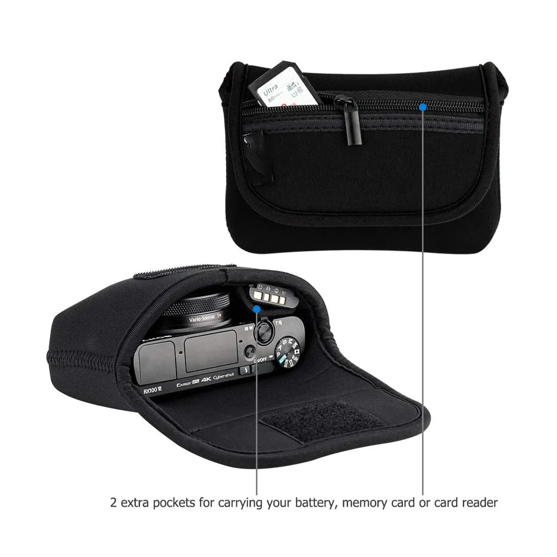 Neoprene Compact usb cable SD card cleaning cloth spare batteries integrated belt loop detachable Hand Strap Camera pouch bag