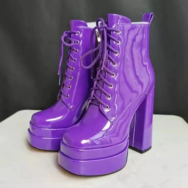 New style patent shiny material square toe double layers platform high heel boots lace up ankle boots women