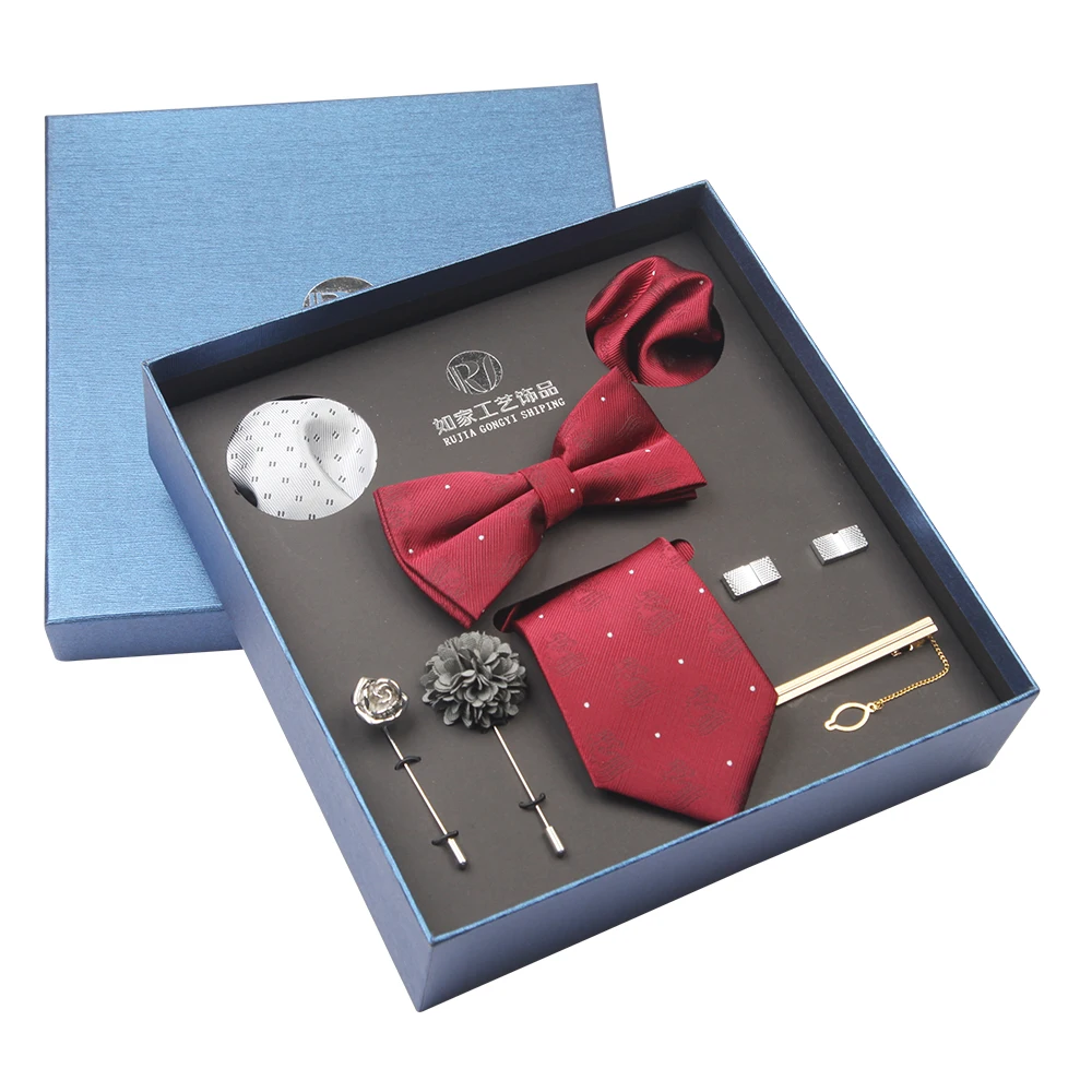 shengzhou custom 100% silk red neck tie with dragon logo bowtie Cufflink Tie Bar Lapel Pin gift box set for gentlemen