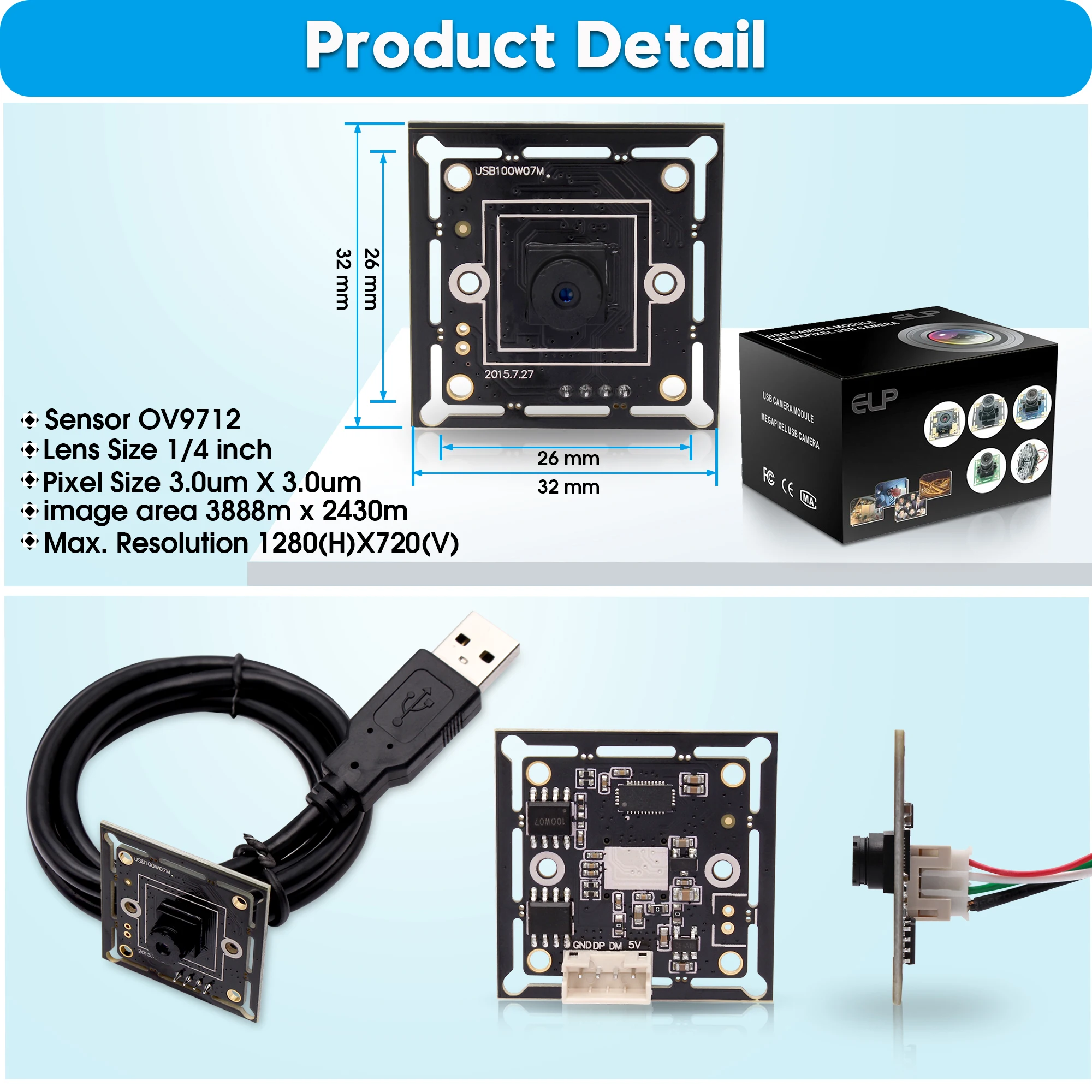 ELP OV9712 1Megapixel 1280*720 30fps USB2.0 Mini Digital Camera Module USB with 45 degree M7 lens
