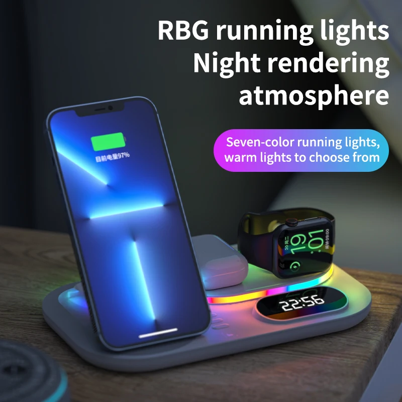 3 in one wireless charger stand with alarm clock Desktop 15W foldable fast wireless charging stand for iWatch