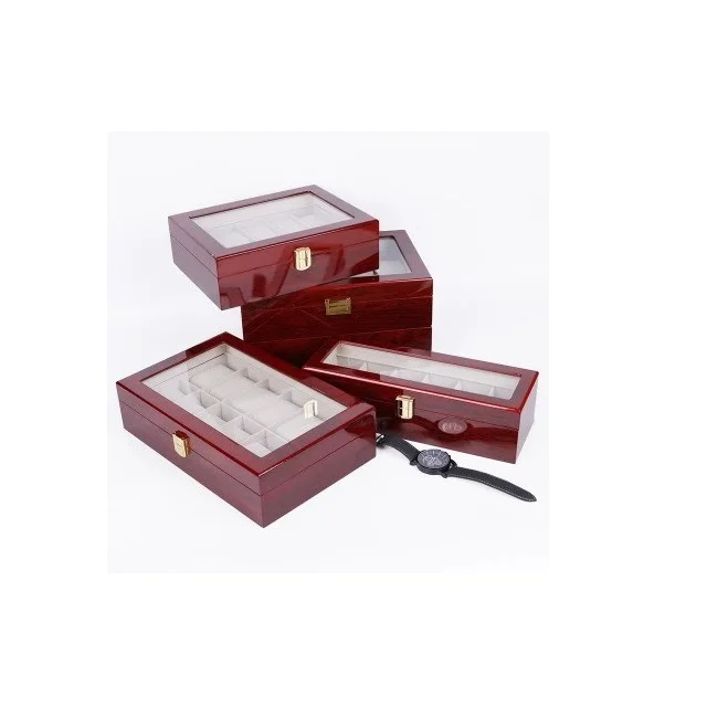 Luxury Cherry Red Wood 20 Grids Watch Collection Box Display Case Fiber Watch Display Box