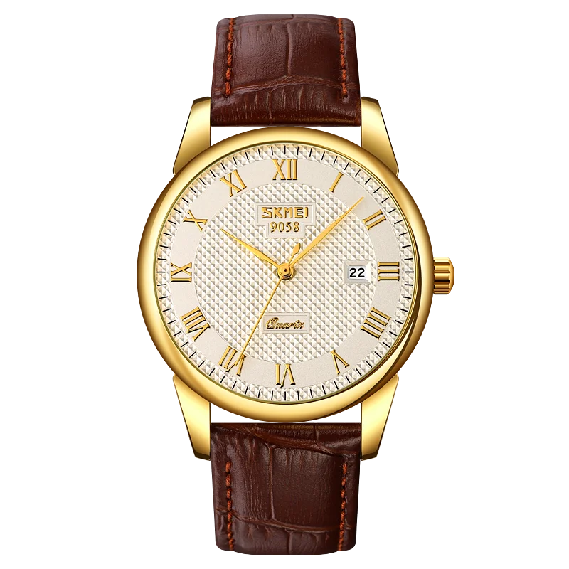 Skmei 9058 Business Men Quartz Wristwatches Roman Numeral Leather Band Casual Water Resist Analog Watches