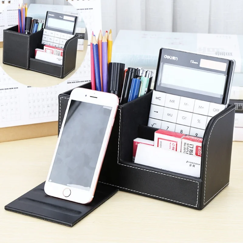 
Creative Leather Pen Holder Multi-function Business Desktop Mobile Phone Stationery Storage Box 
