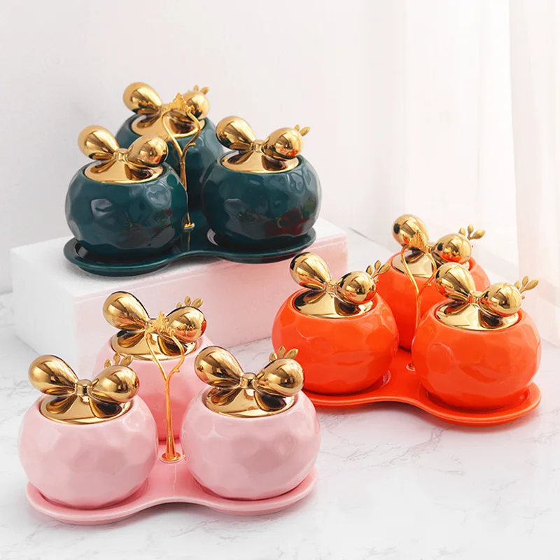 Luxury 3 Pcs Kitchen Canister Set Coffee Sugar Tea Storage Container Jars Ceramic Condiment Jar Spice Container with Tray Holder